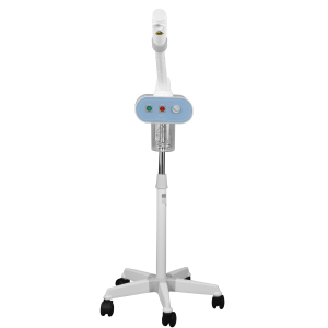 Medical stand with a blue control panel on a wheeled base, supporting a tall white shaft with a cylindrical head at the top (clinic equipment).