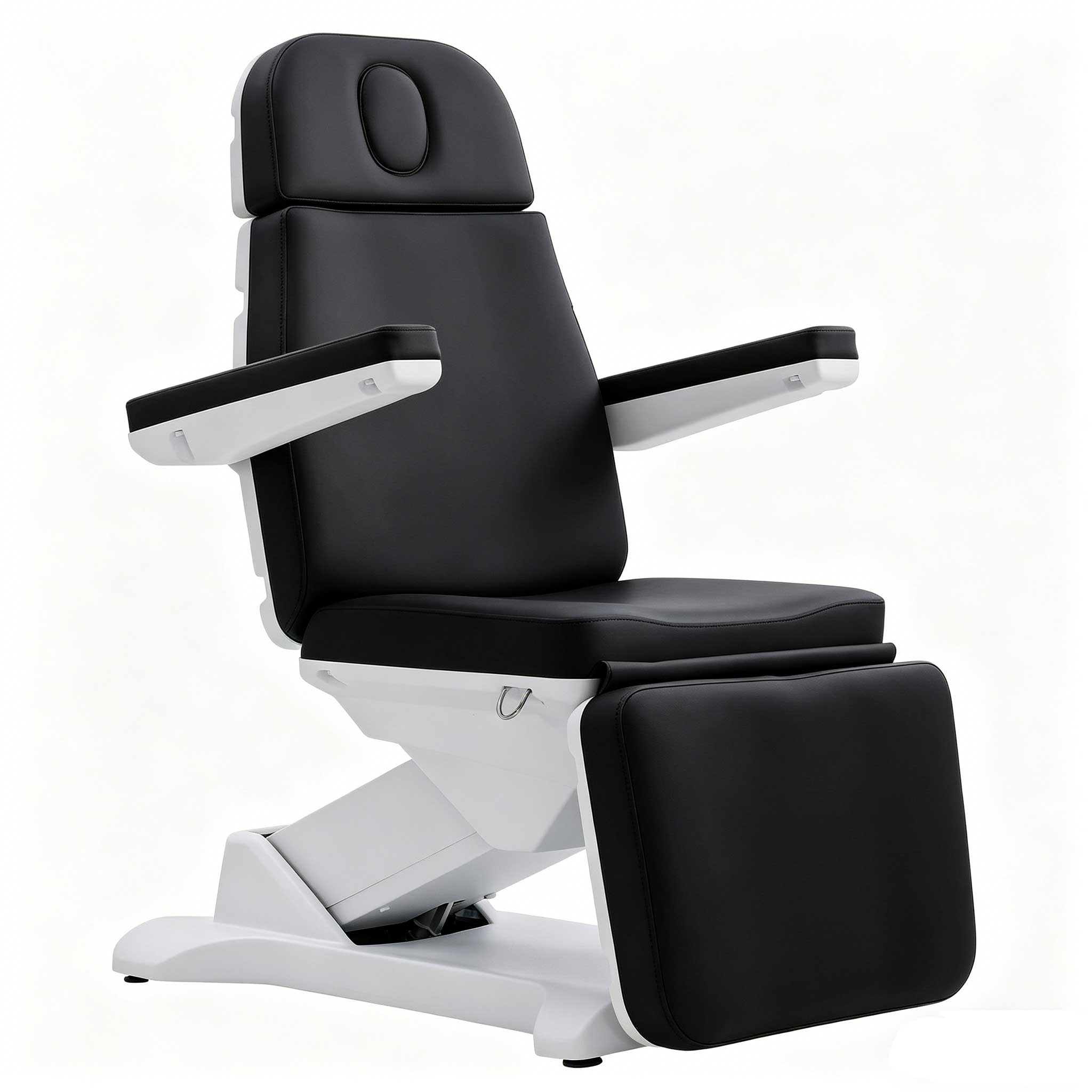 Black leather recliner chair with a white metal frame and padded headrest, shown from the side against a light background.