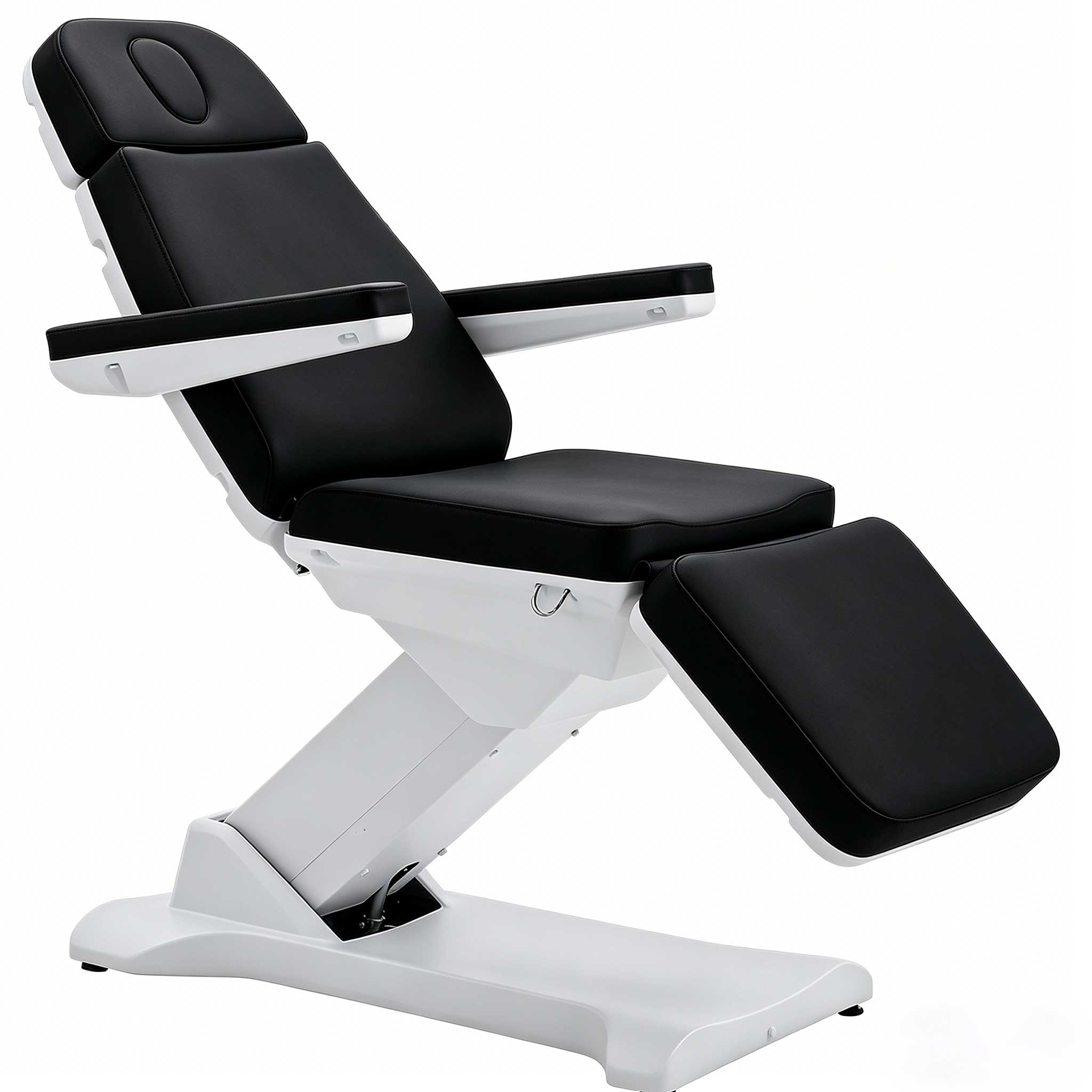 Black padded recliner chair with wide armrests on a white base, shown angled to suggest a massage or spa chair.