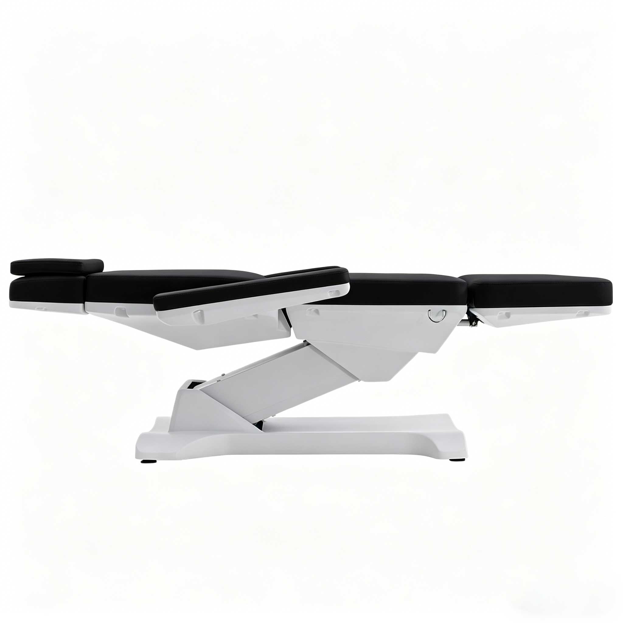 Side view of a white medical examination stretcher with segmented black cushions, extended on a white background
