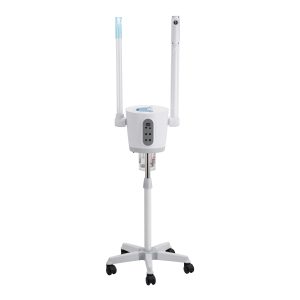 IV pole with a mounted infusion pump on a wheeled base, used to administer intravenous fluids.