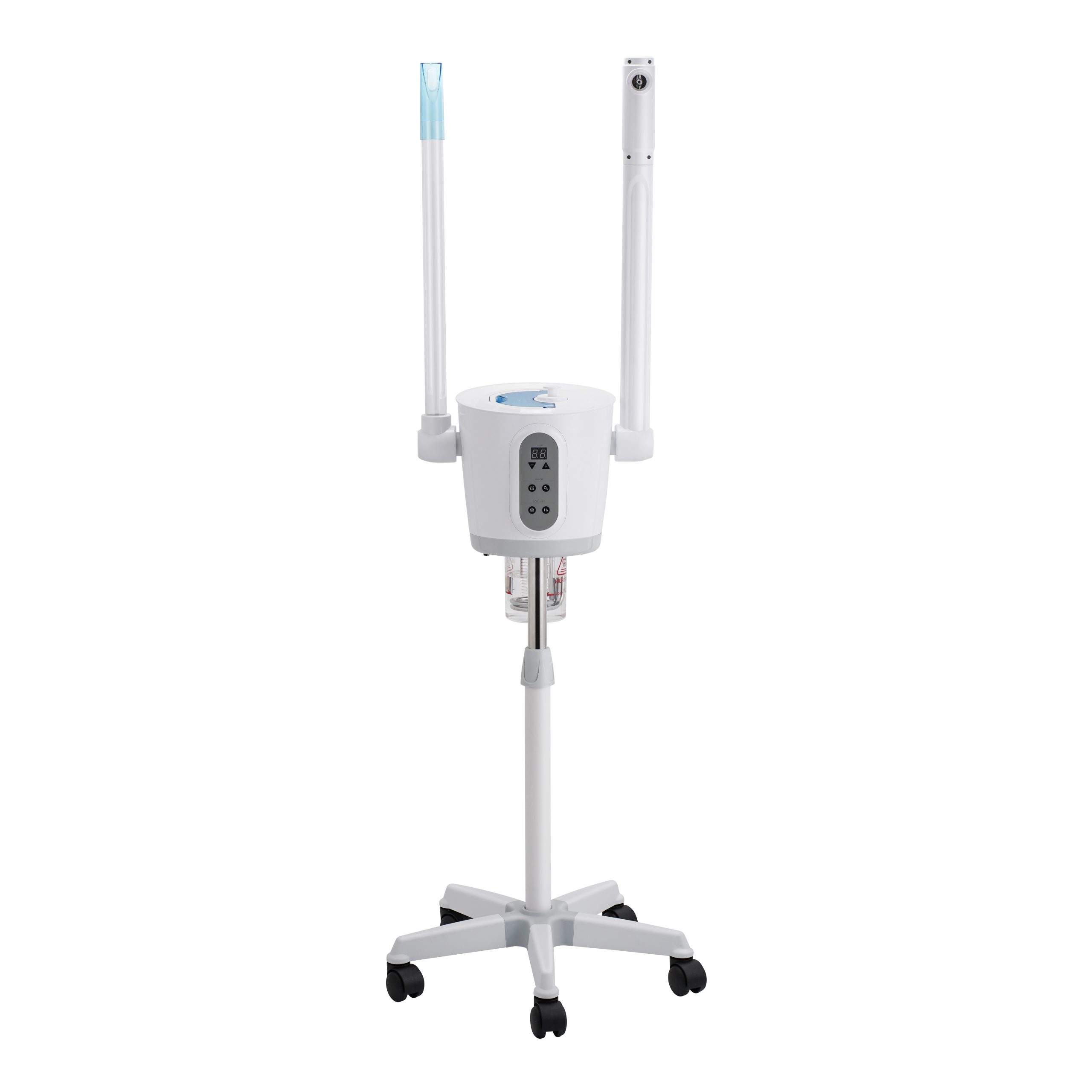 IV pole with a mounted infusion pump on a wheeled base, used to administer intravenous fluids.