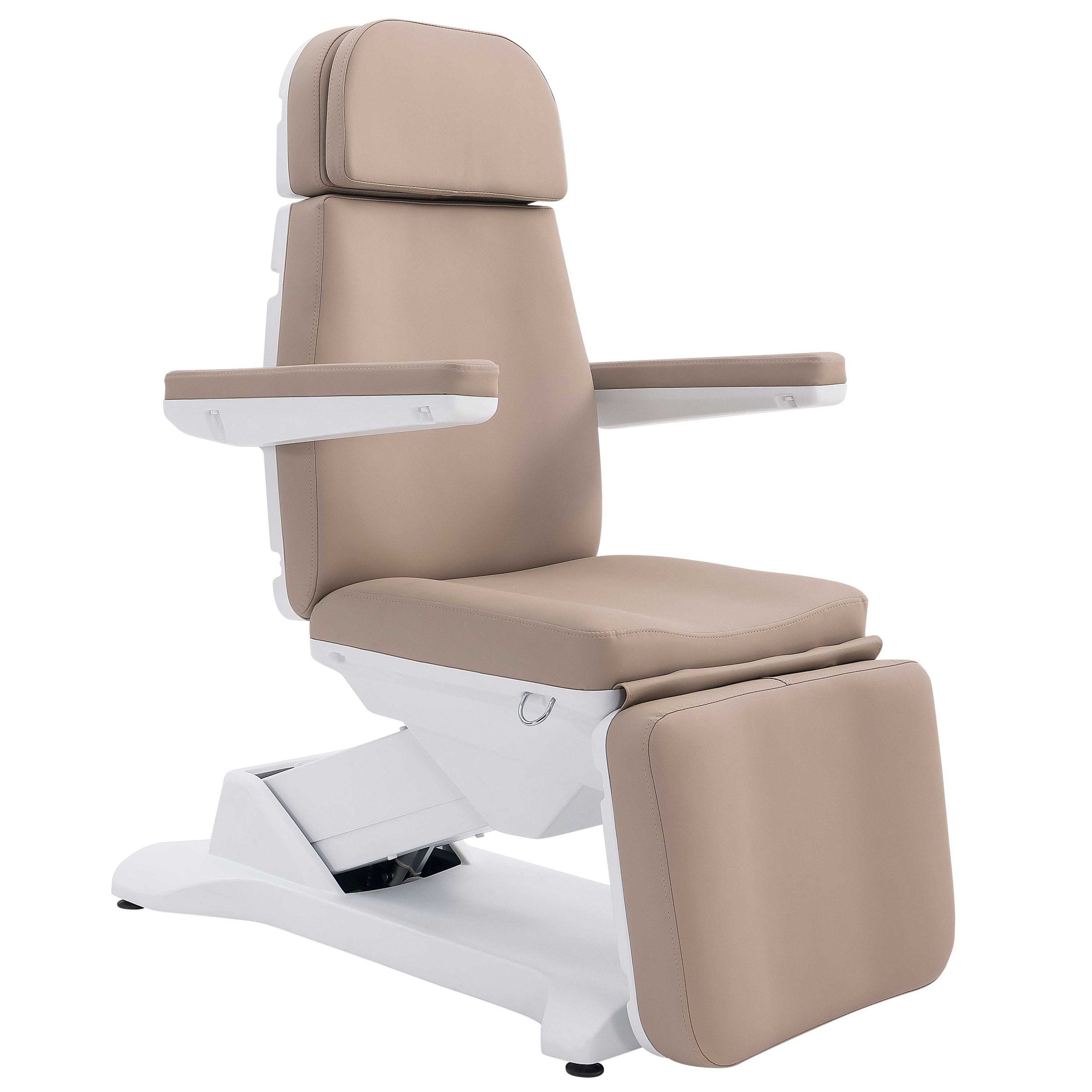 Beige reclining chair with padded headrest and extended leg rest, white base visible against a plain background.