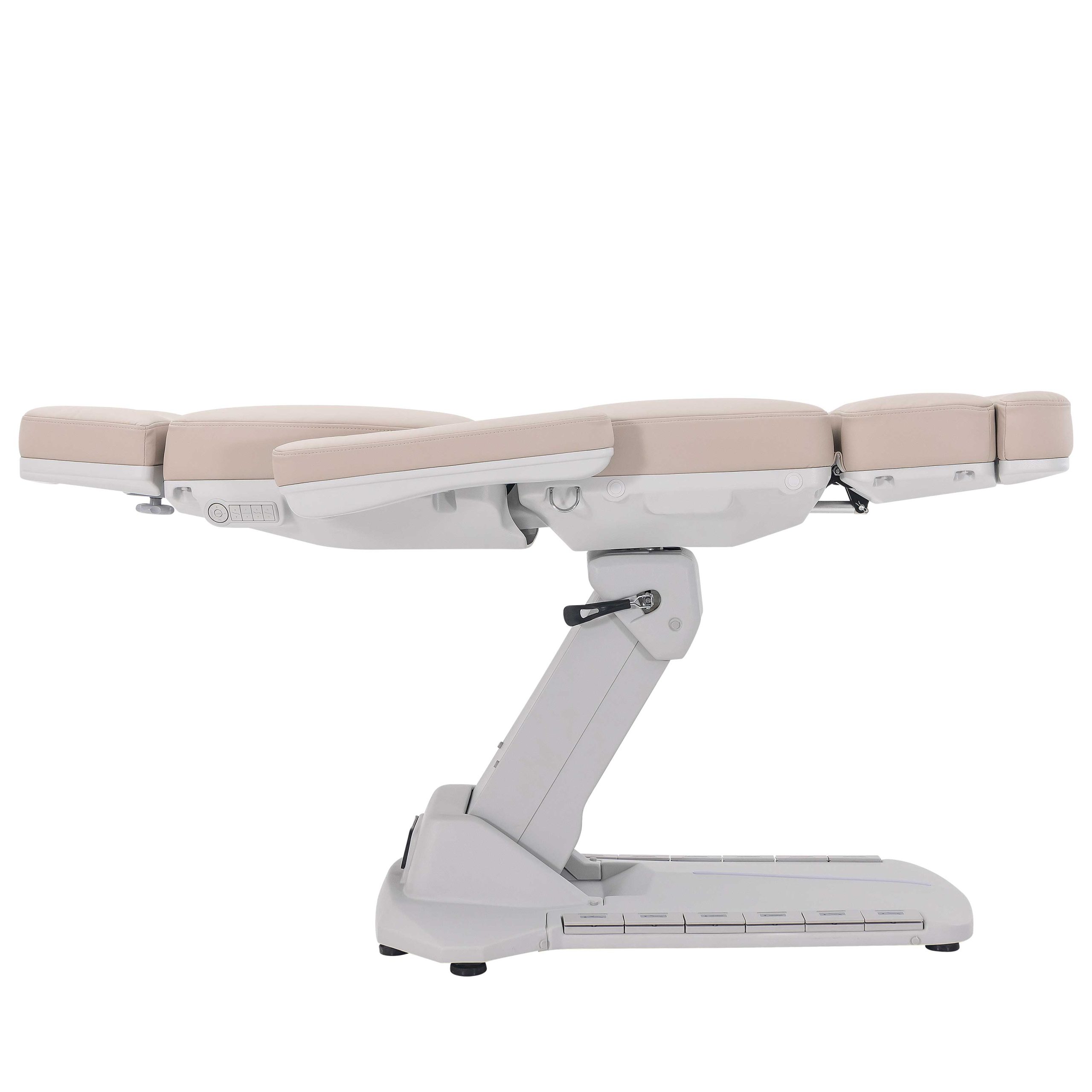 Hospital stretcher with beige padded sections and metal base, shown in a side view