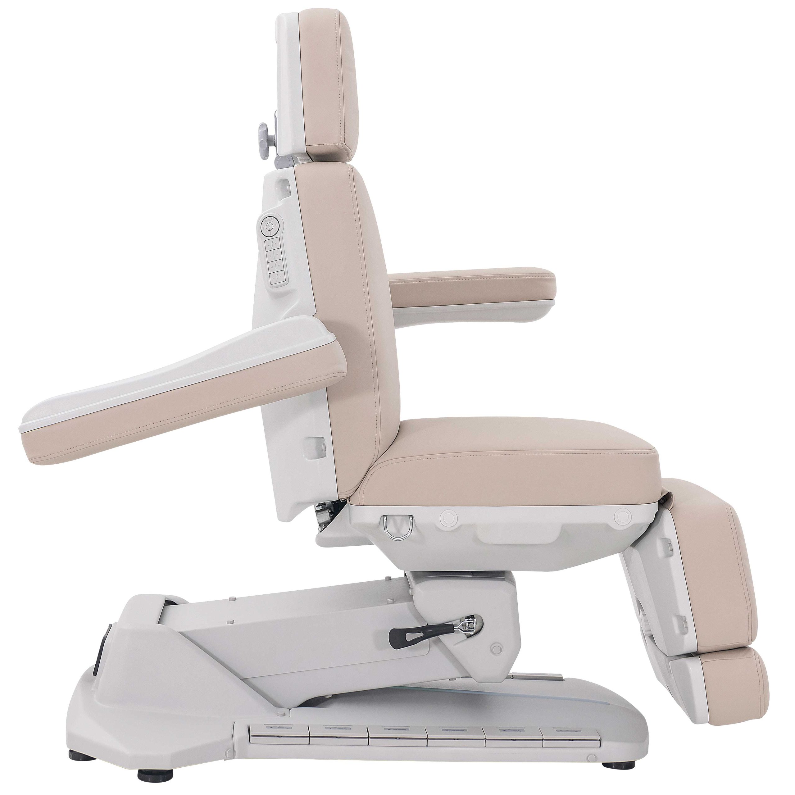 Beige recliner chair with a white metal frame and side control panel visible on the armrest on the left.