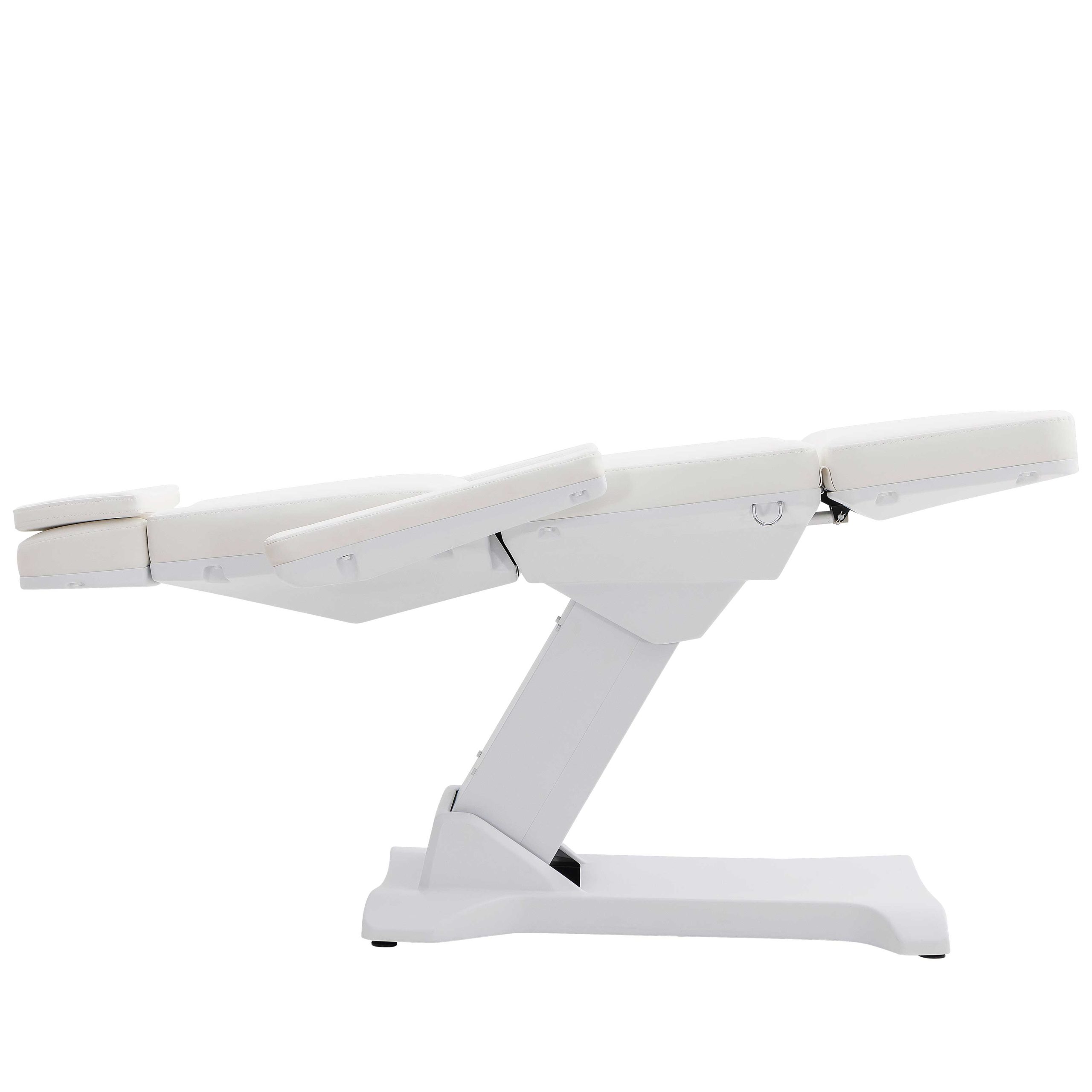 White medical examination chair with multiple hinged sections and cushioned padding, shown in a partially extended, side view.