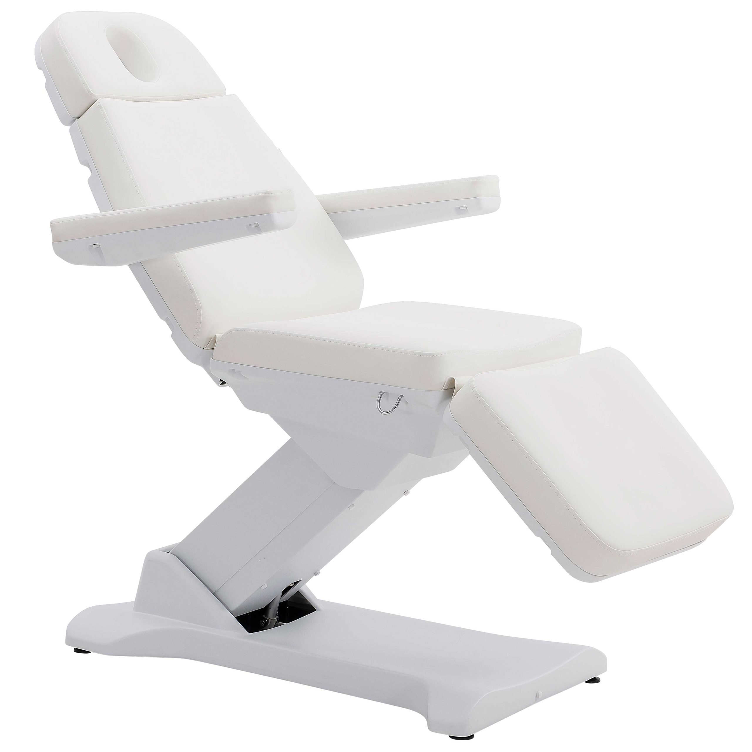 White reclining medical chair with padded backrest and armrests on a sturdy base, shown in profile.