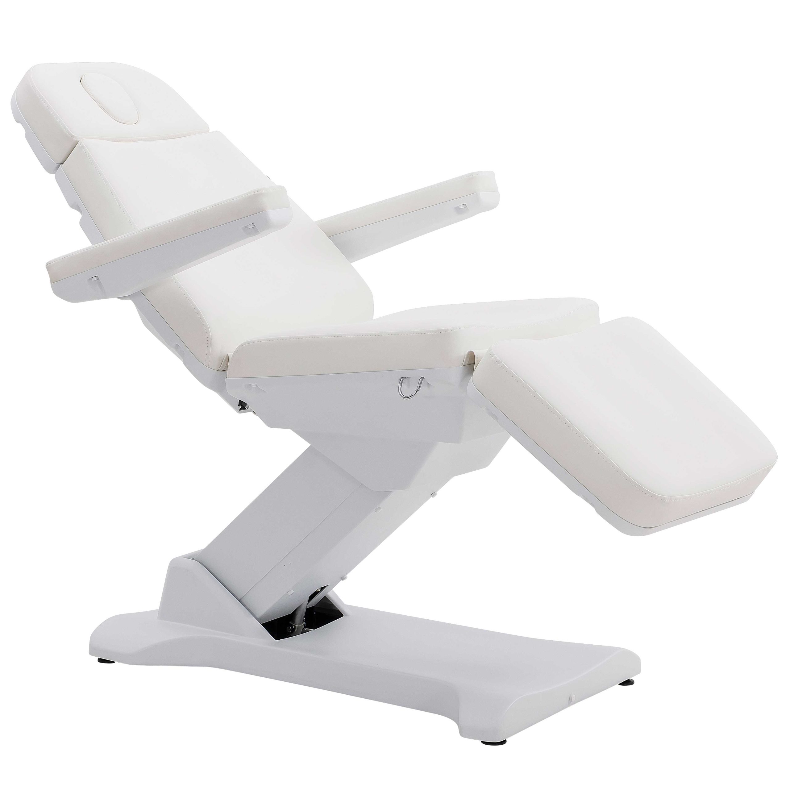 White reclining medical chair with cushioned headrest and leg support