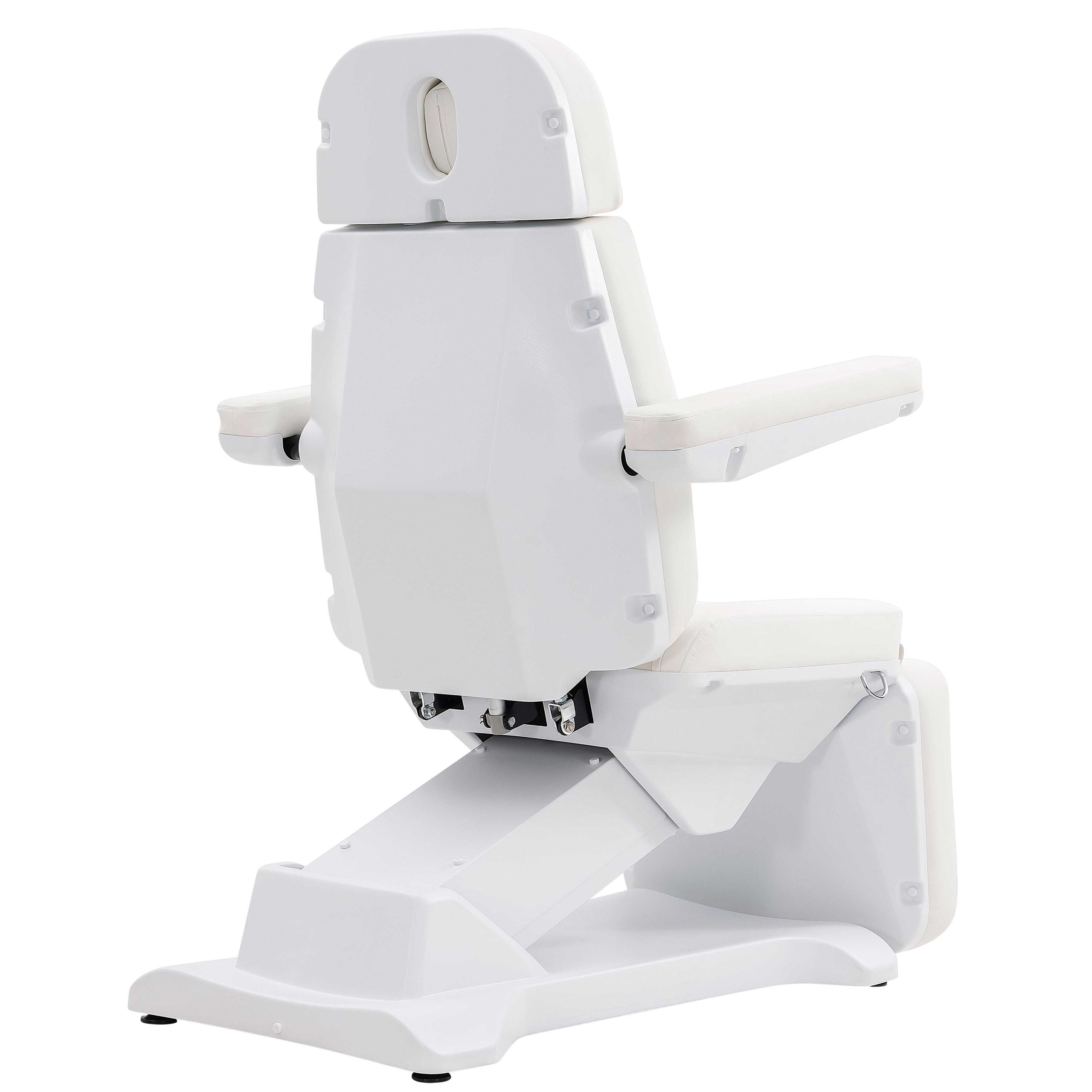 White medical examination chair with padded armrests and adjustable backrest viewed from the side.