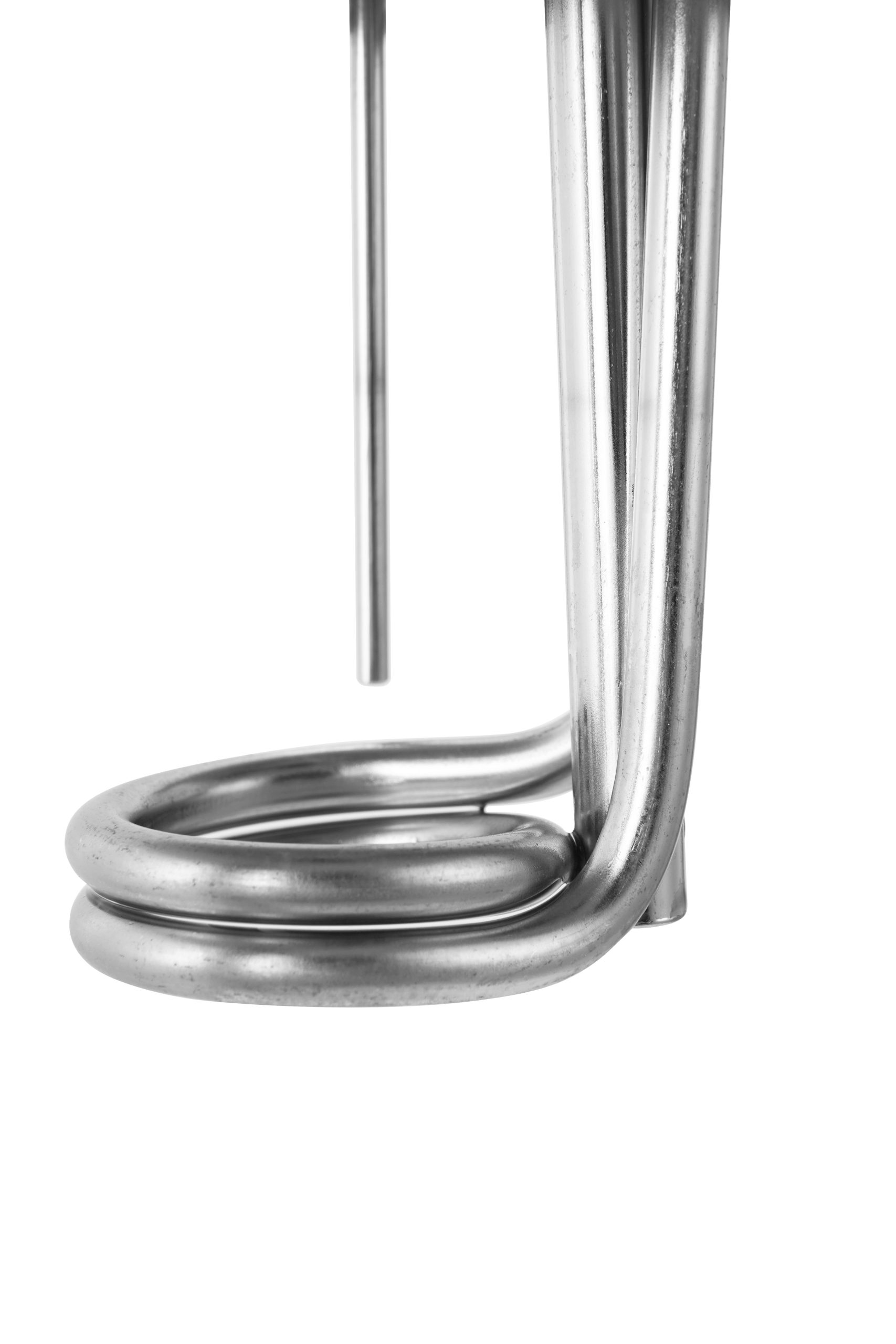 Close-up of a shiny metal spiral coil and vertical rod against a white background.
