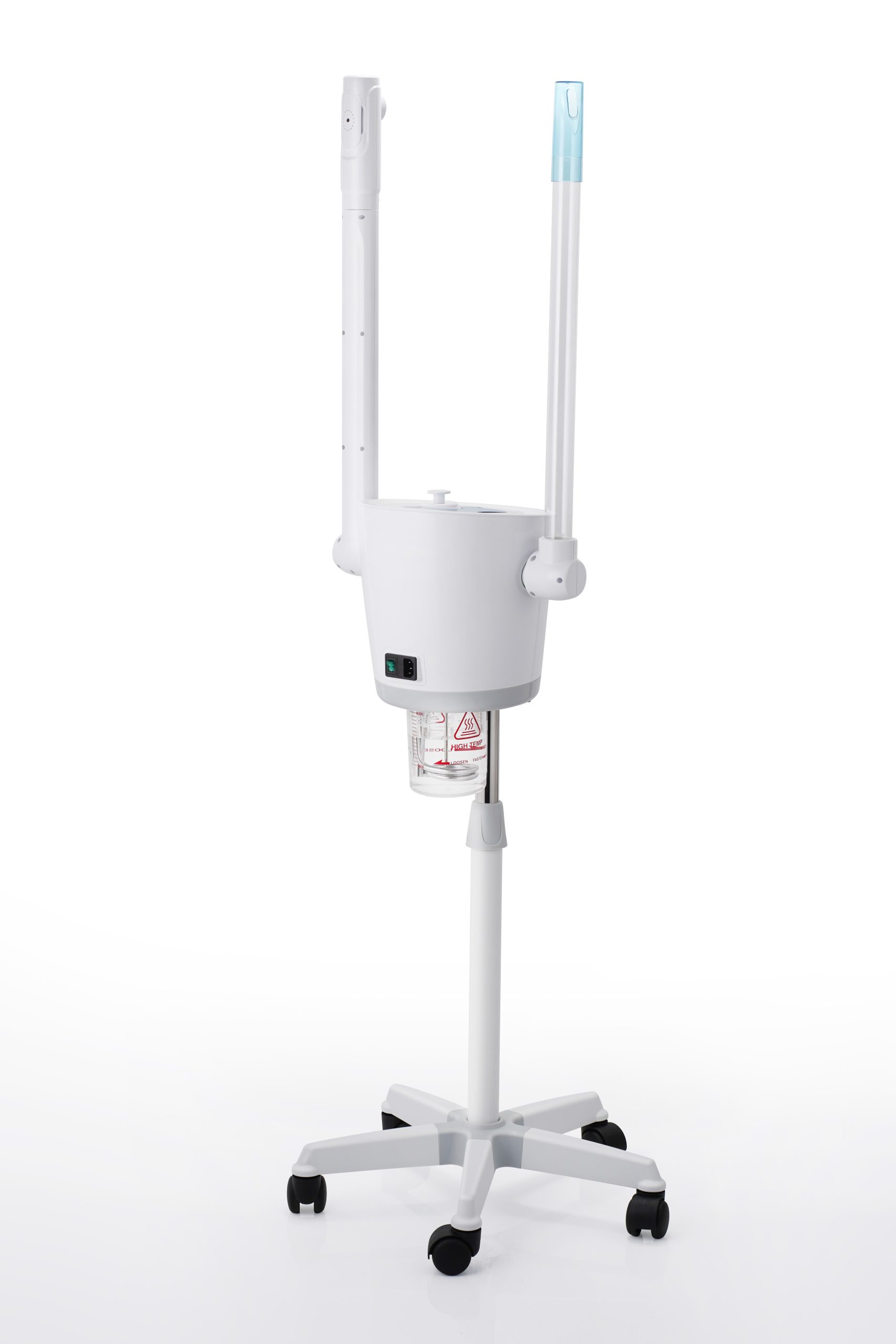 White medical IV pole with two adjustable vertical arms on a wheeled base for hanging IV bags?used to infuse fluids.