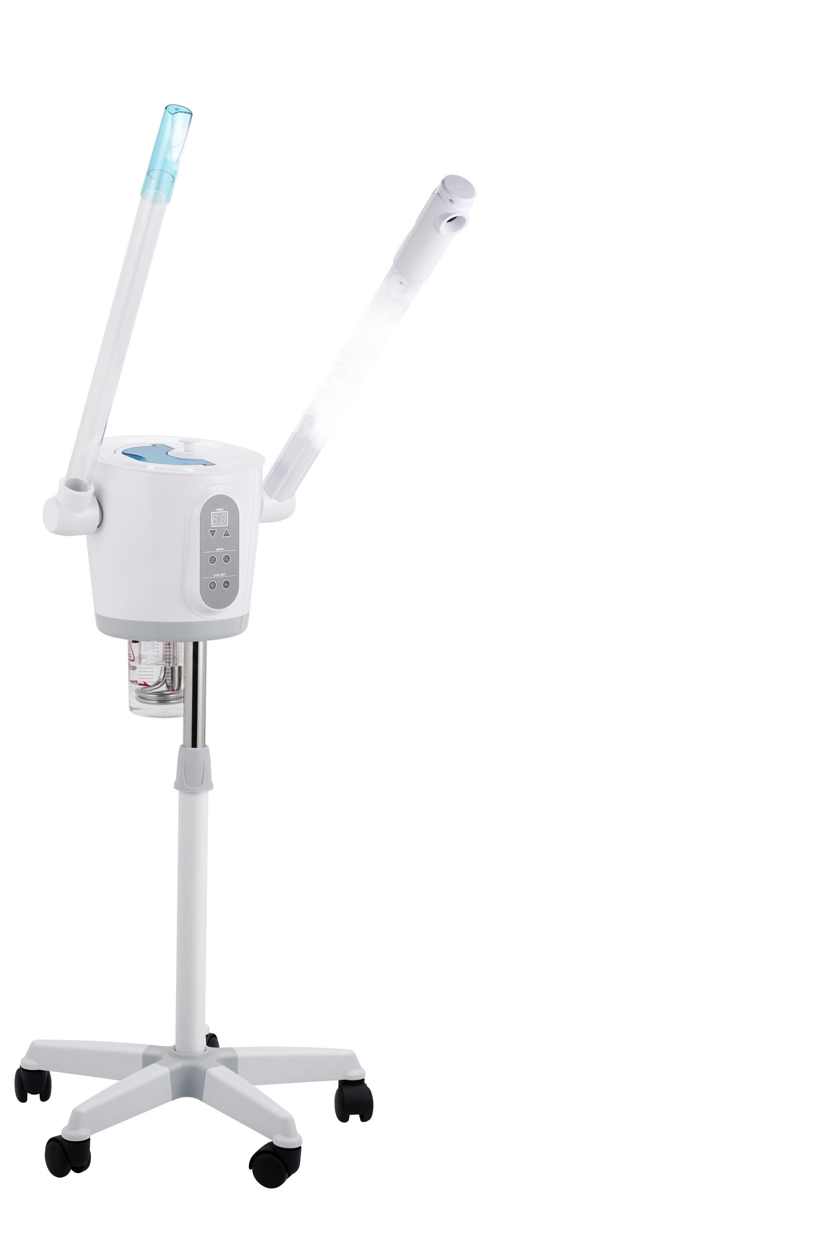 Medical infusion stand with two adjustable arms and a control panel on a wheeled base.