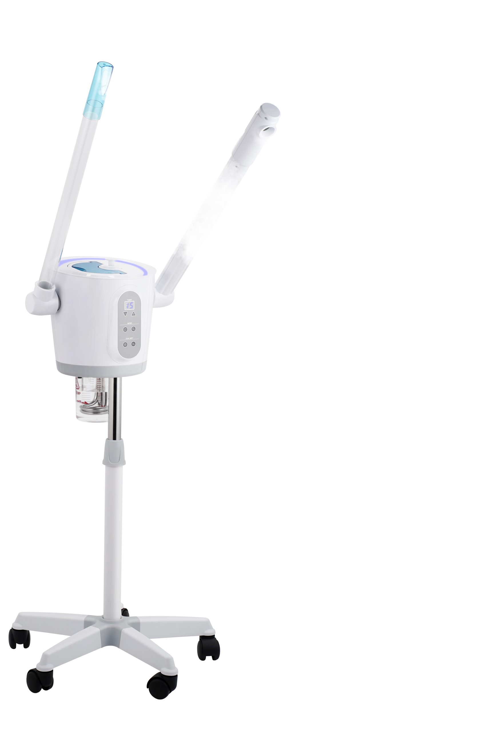 White medical infusion pump on a wheeled stand with two vertical poles and a digital control panel on the side.