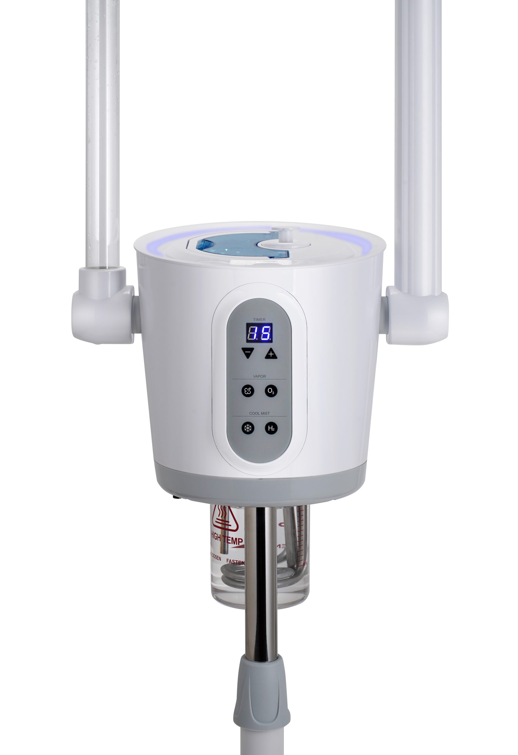 White medical respiratory device with a digital display and two vertical tubes mounted on a stand.