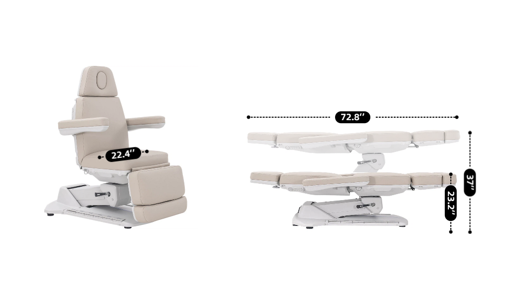 Adjustable beige medical chair shown in two positions, with measurements: 72.8 inches long, about 22–23 inches wide, and up to 37 inches tall.