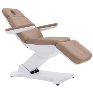 Beige reclining medical/spa chair with white base and leg rest extended.