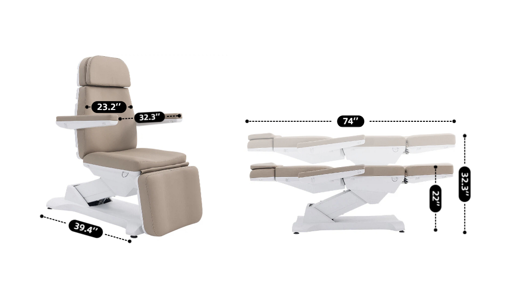 Beige upholstered medical exam chair with adjustable back and leg rests in a treatment position, shown with measurement callouts for dimensions.