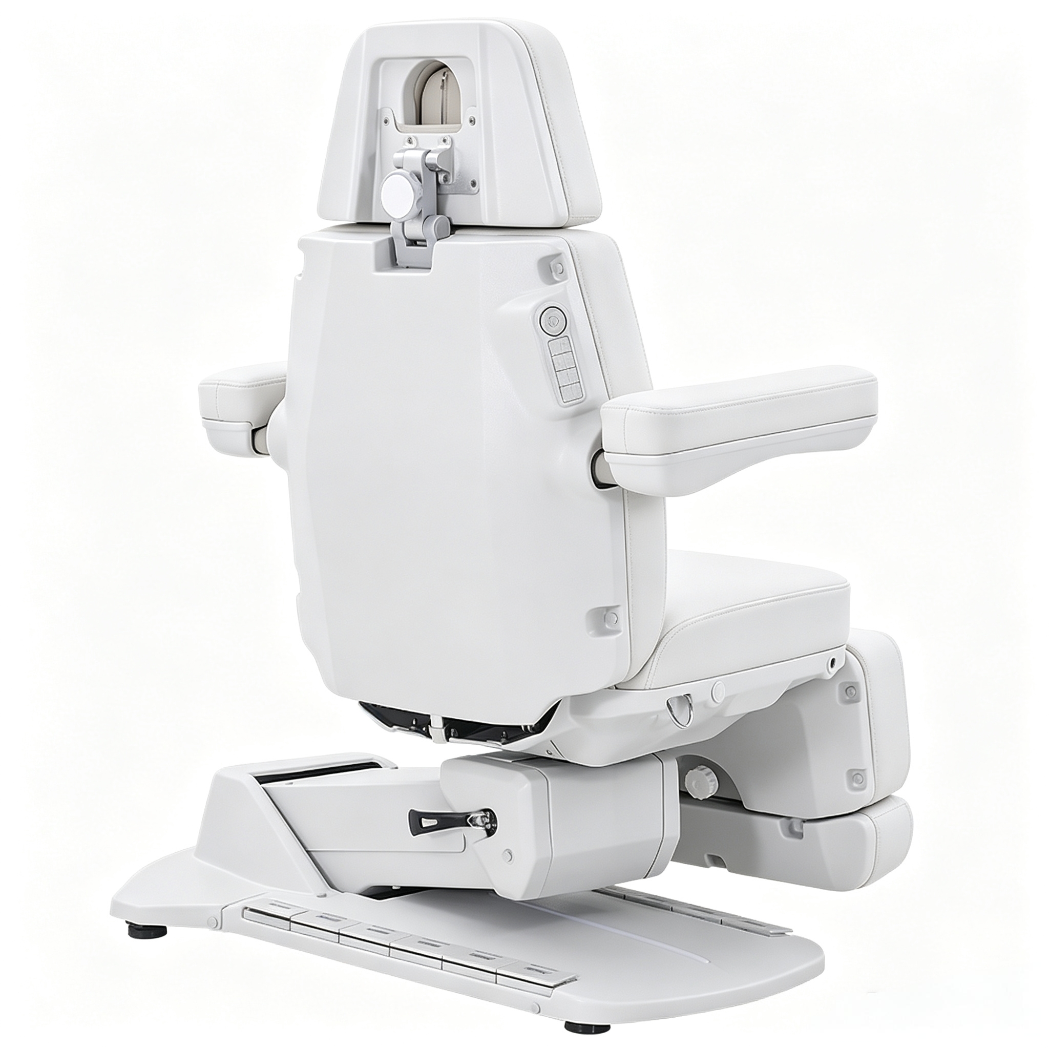 White ophthalmic surgical chair with overhead laser system for eye procedures.