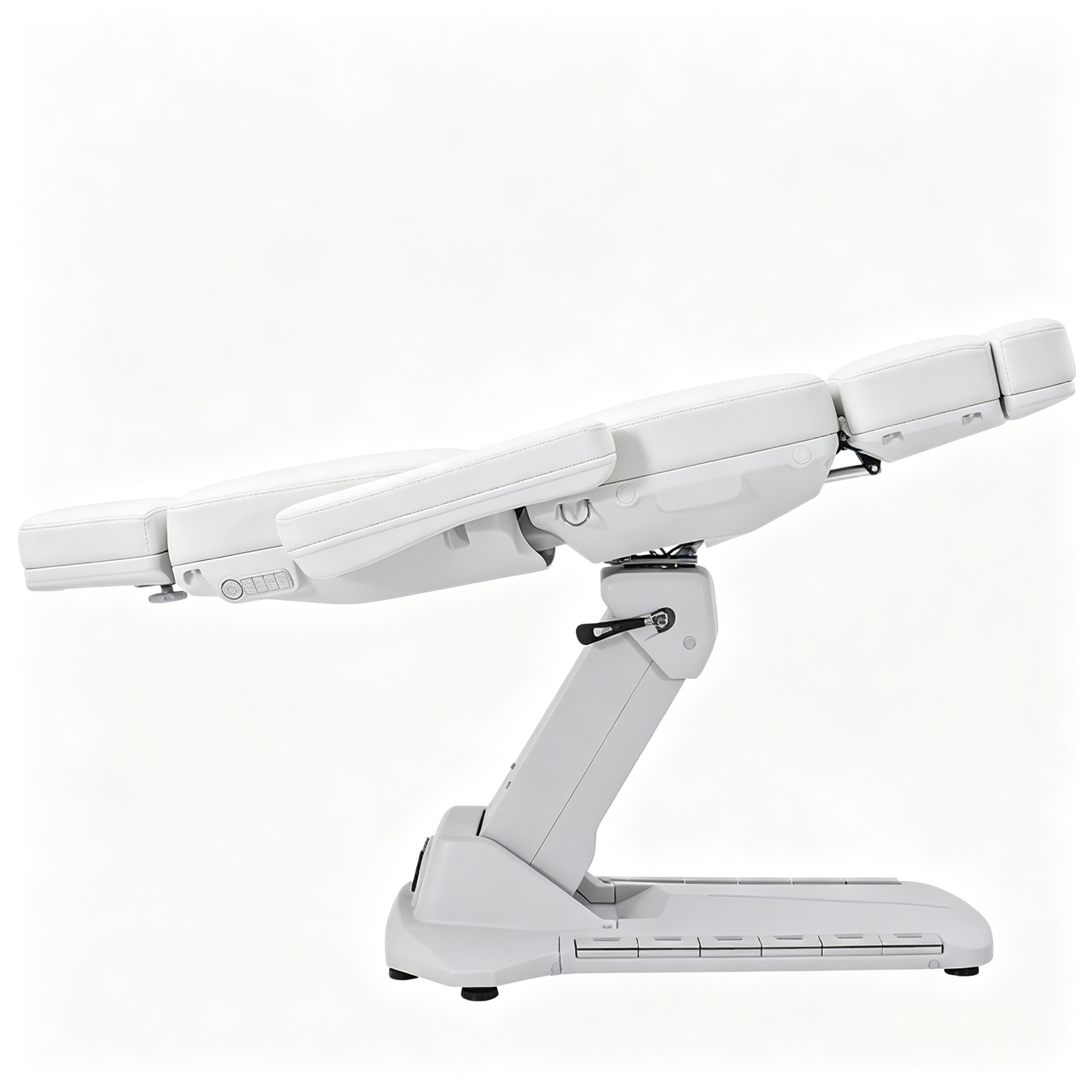 White robotic medical chair with extended arms and adjustable joints on a pale background.