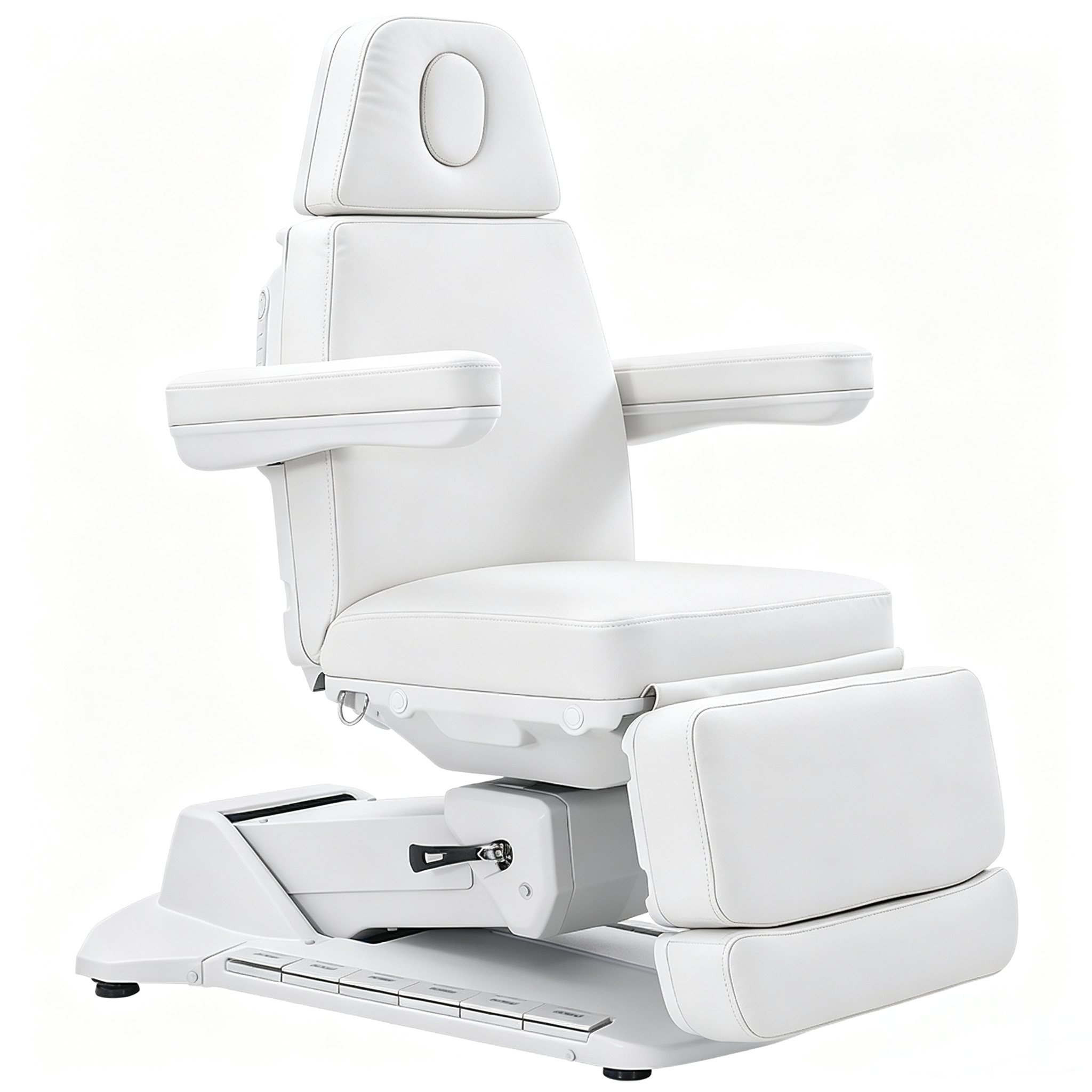 White medical recliner chair with padded headrest and folding armrests on a plain background.