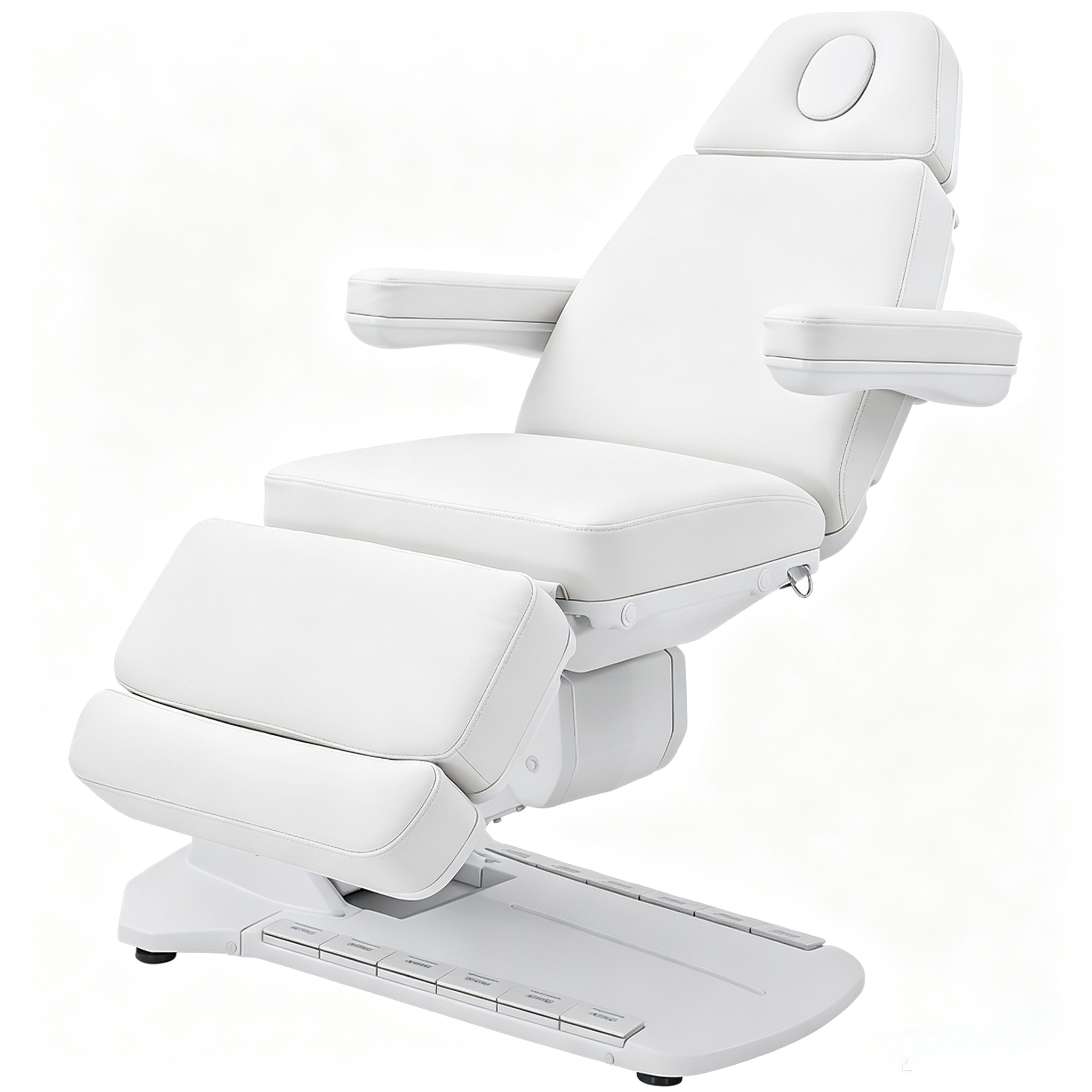 White recliner chair with padded armrests and headrest, set against a pale background (clinical/medical exam chair).