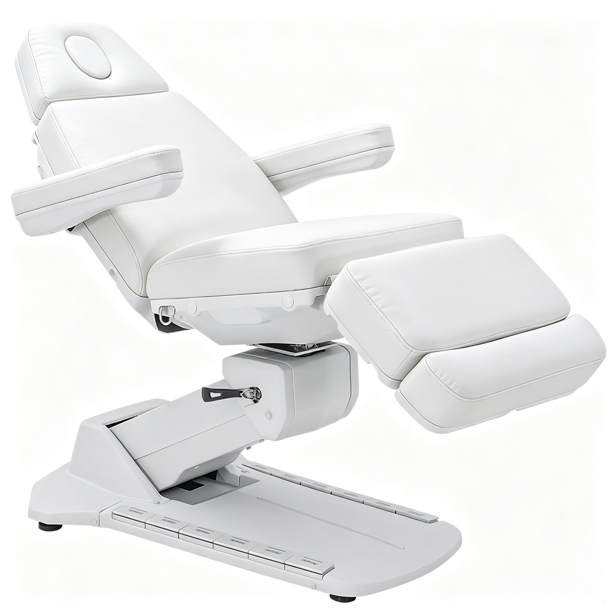 White reclining medical chair with padded armrests and an adjustable headrest on a sturdy base.