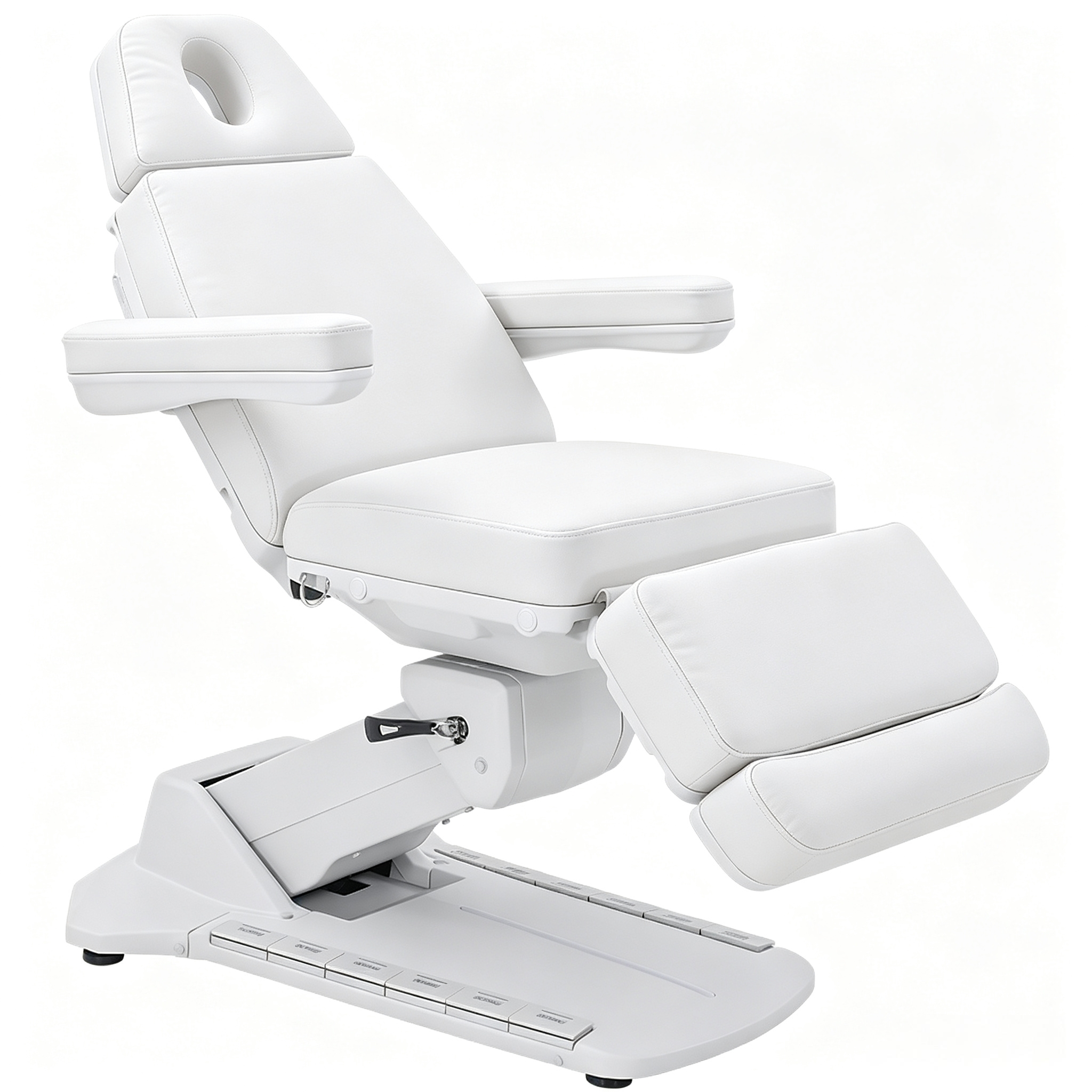 White reclining medical chair with cushioned headrest and armrests on a pale background, upright in a clinical setting (chair for exams).