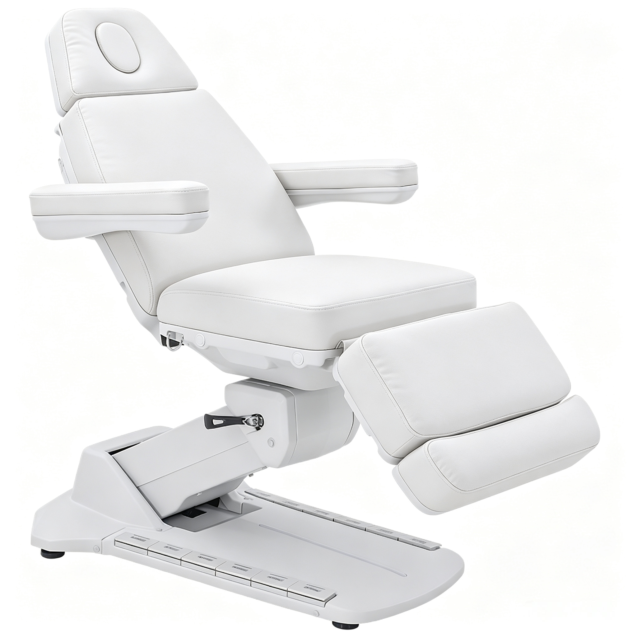 White reclining medical/d dental chair with padded headrest and armrests, mounted on a pedestal base with controls