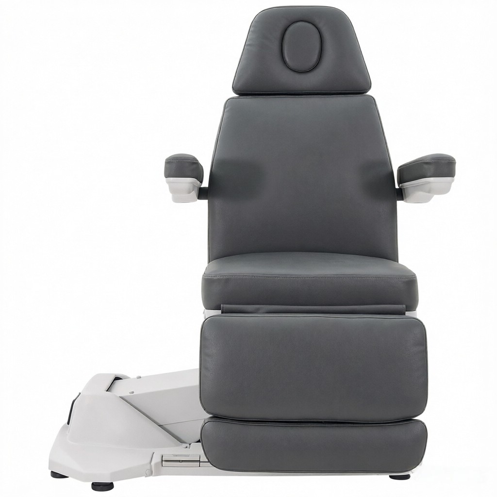 Adjustable medical examination chair in dark gray with padded headrest and armrests, shown on a white base.