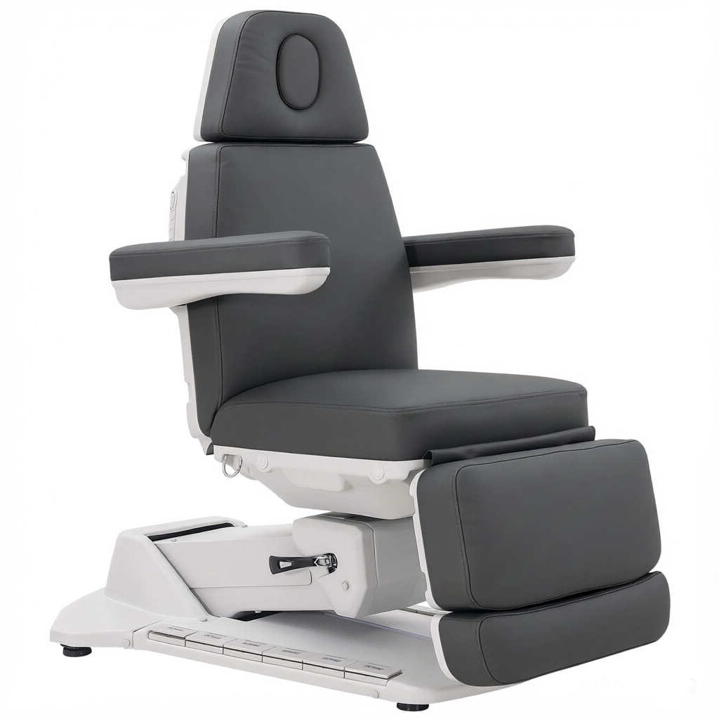 Medical exam chair with padded headrest, armrests, and leg supports on a white base, adjustable for patient comfort