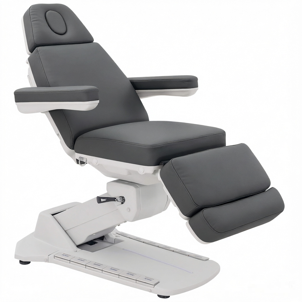 Grey upholstered medical recliner with extendable footrest and padded armrests on a white base