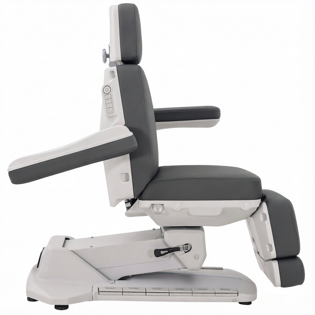Medical recliner chair with gray cushions, adjustable headrest, armrests, and leg supports on a white base.