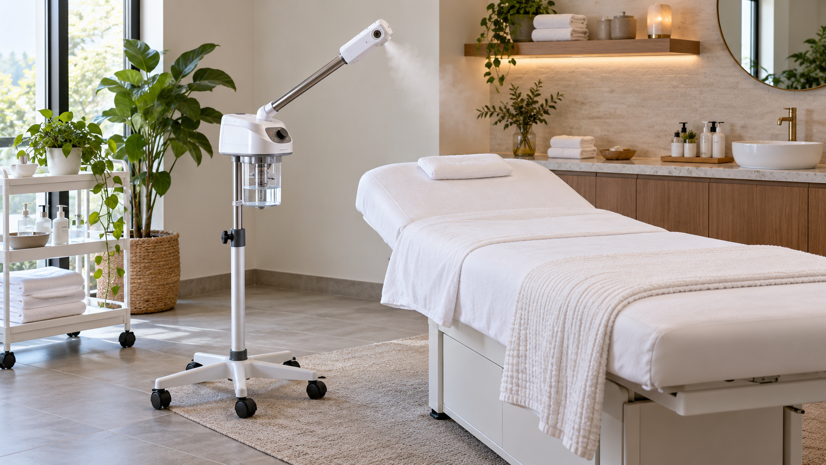 Professional facial steamer and treatment bed in a modern spa treatment room
