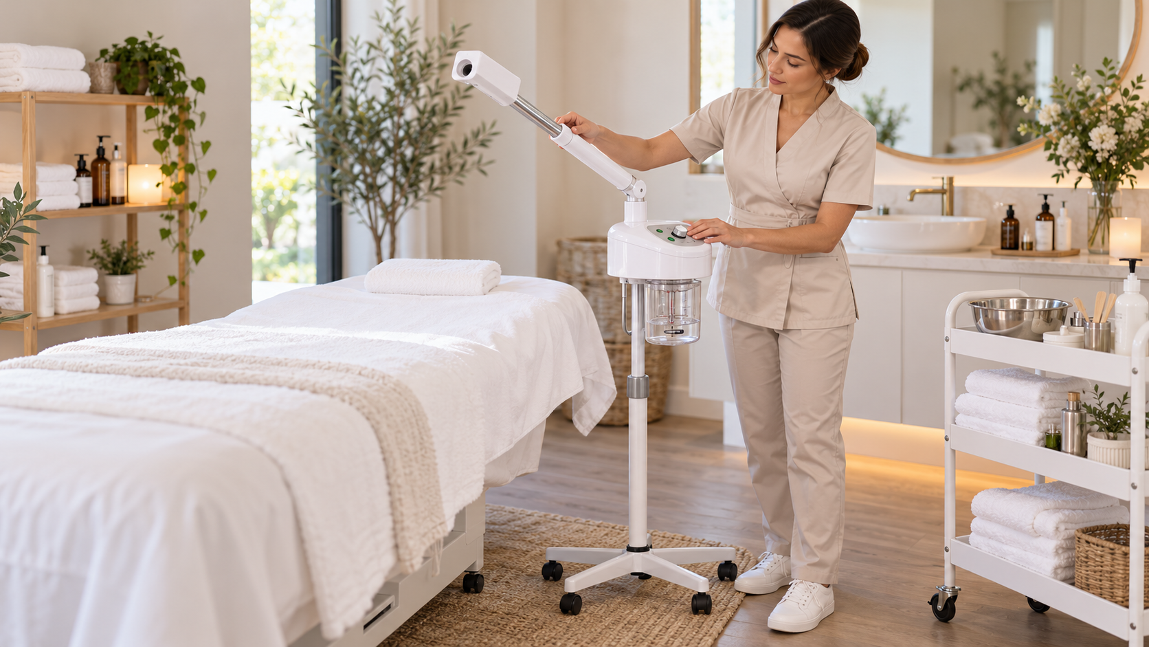Professional esthetician adjusting a facial steamer beside a treatment bed in a modern spa room