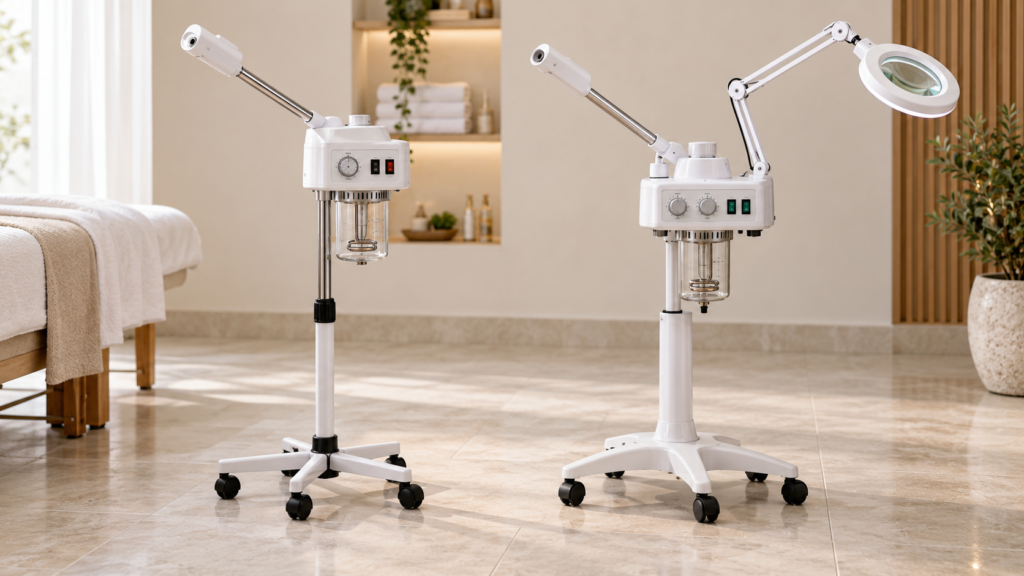 Two professional facial steamers on wheeled stands, one with an adjustable magnifying lamp, in a modern spa treatment room