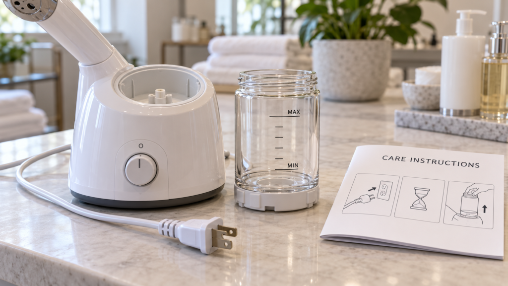 Professional facial steamer with removable water tank, power cord and care instructions on a spa countertop