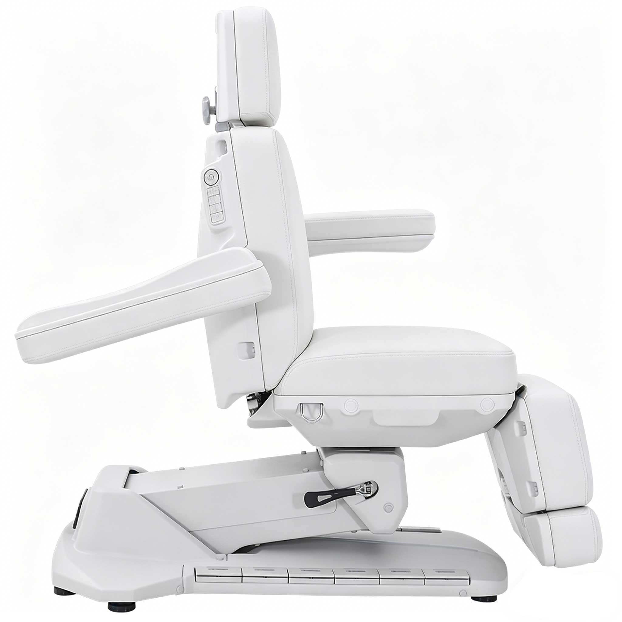 White adjustable medical reclining chair with padded armrests and headrest for patient comfort.