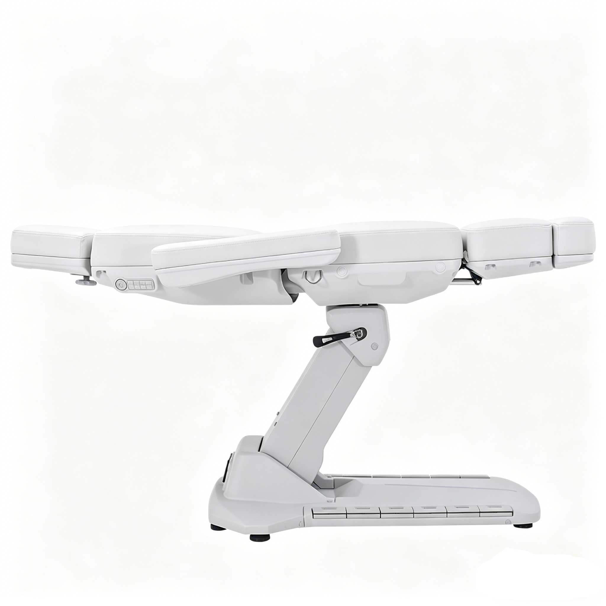 White medical adjustable bed with segmented mattress and articulating legs, viewed from the side