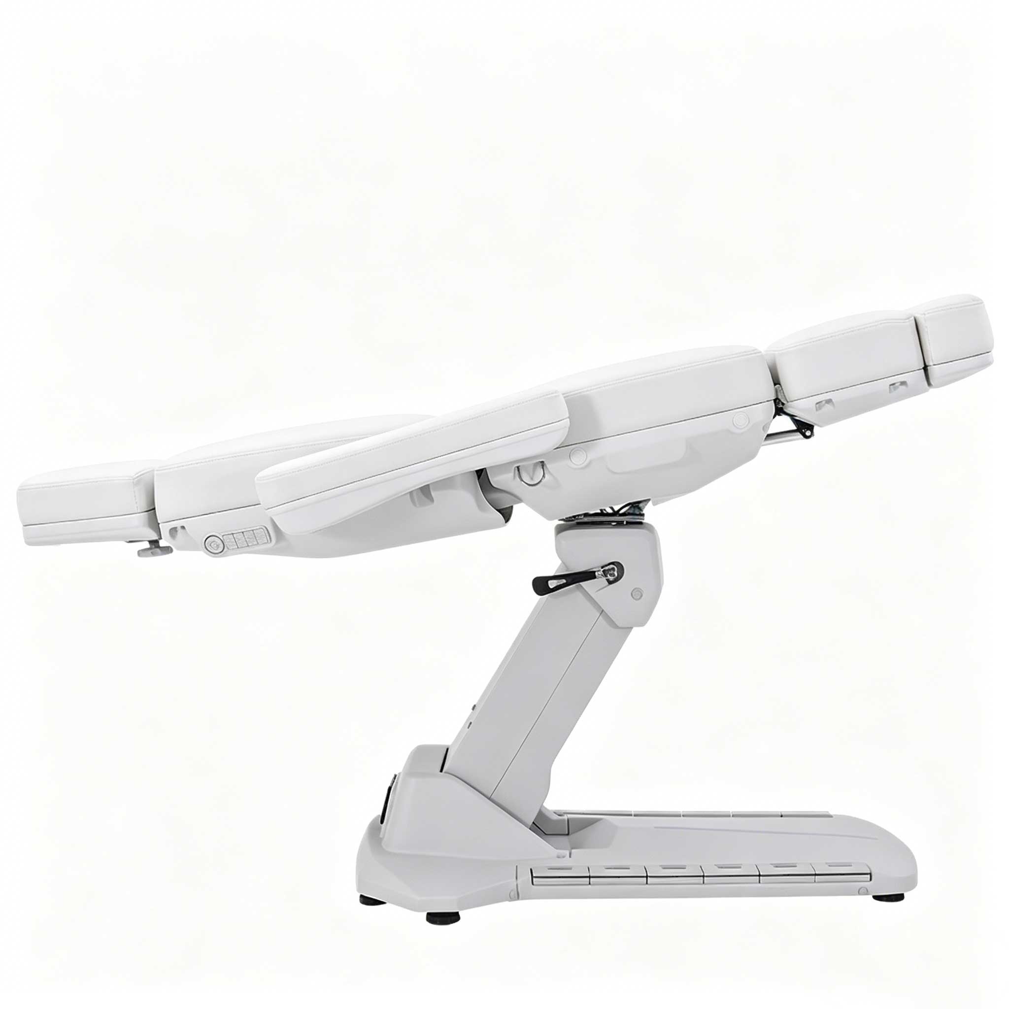White robotic arm with multiple joints extending across a pale background, mounted on a base.