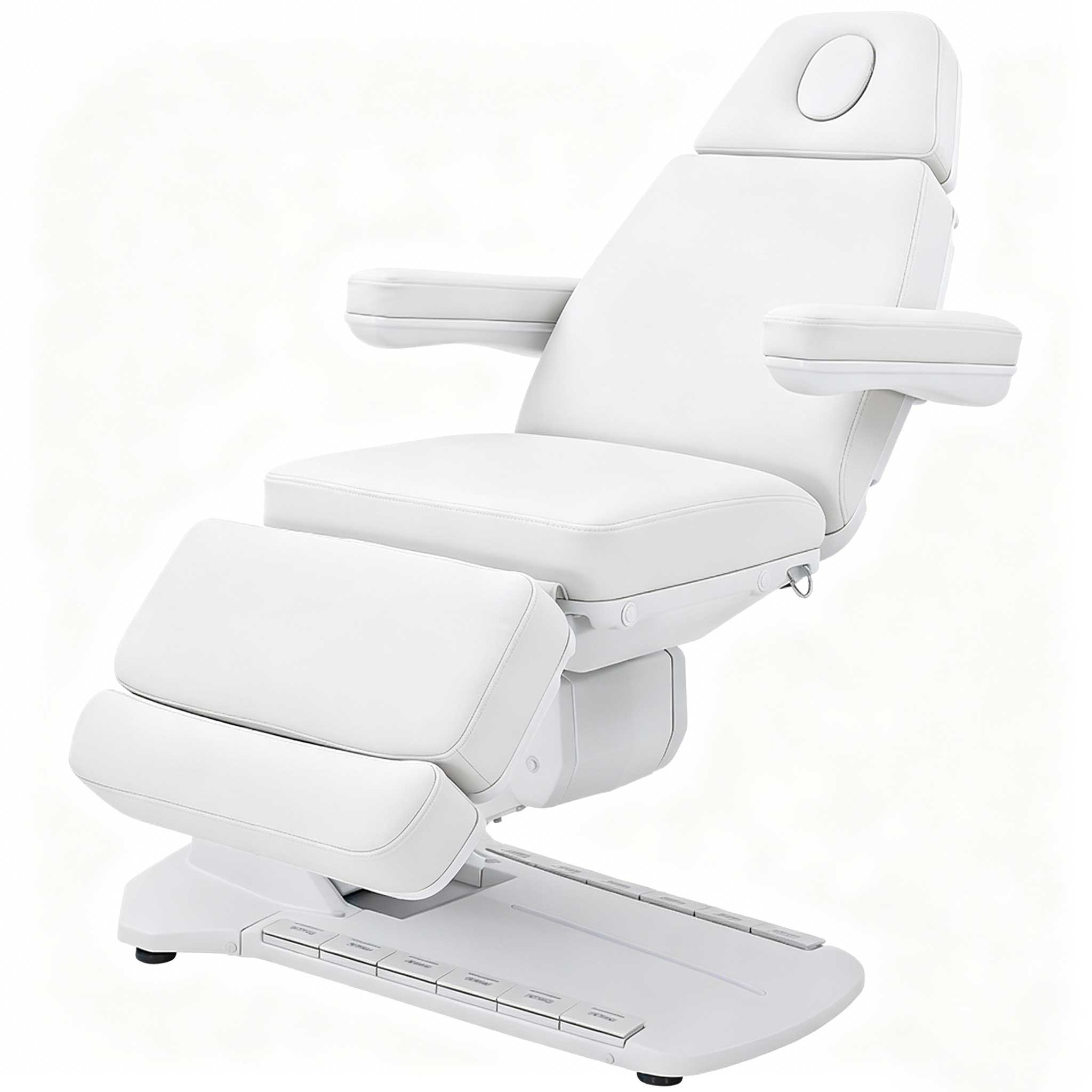 White medical/dental chair with padded armrests and a headrest, set in a clinical environment